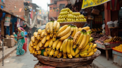 Stacked bananas displayed in a busy market setting with vibrant local colors and bustling street atmosphere
