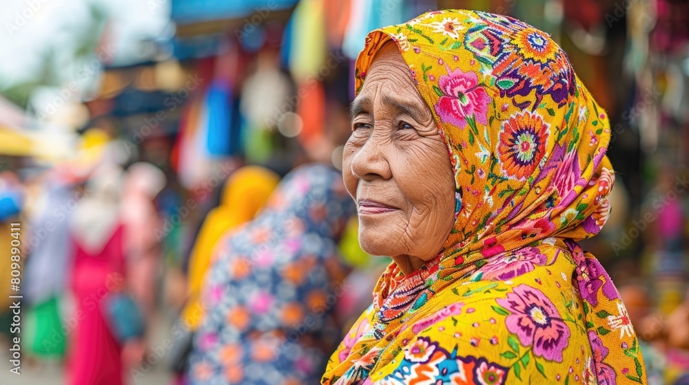 Warm portrait of an elderly woman in a floral headscarf at a lively market
