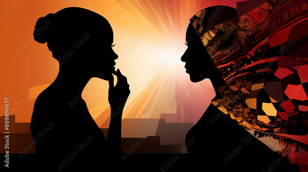 Embracing Diversity and Friendship: Abstract Silhouette of Multicultural Male and Female Profiles Symbolizing Global Unity and Equality