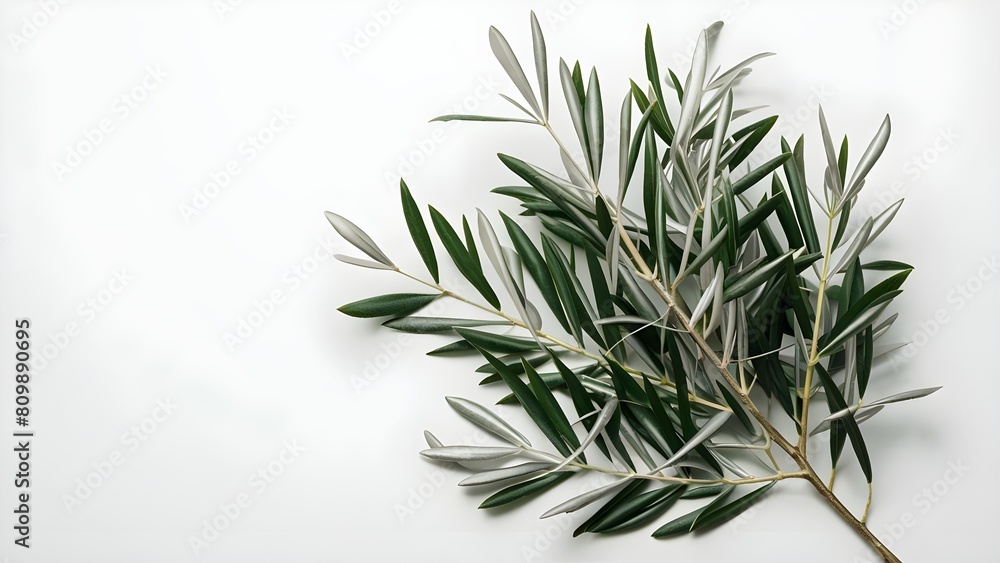 Elegant olive branches with silvery green leaves against plain white background Elegant olive branches with silvery green leaves against plain white background