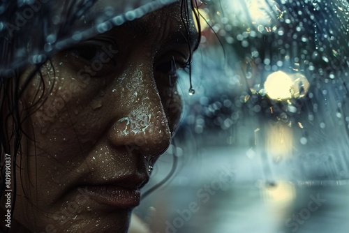 A close-up of a drenched woman walking in the rain, portraying resilience and determination