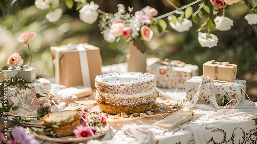A floral-themed birthday picnic with a vanilla cake on a lace tablecloth, gifts wrapped in floral paper, and flower garlands hanging overhead.
