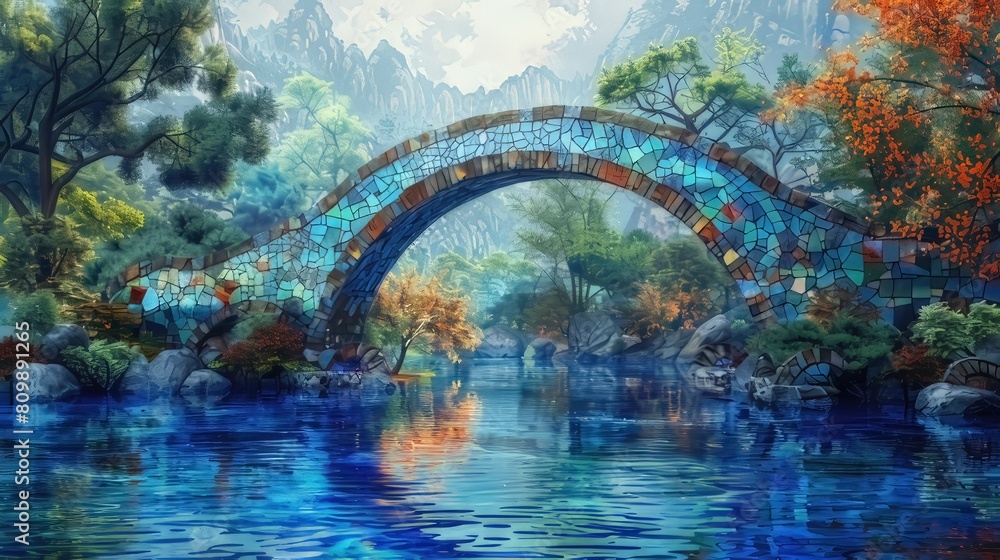 Obraz premium bridge over river Mosaic , nature and sunny day, Stained Glass Illusion 