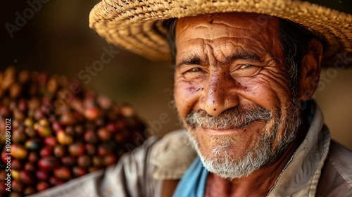 This farmer shows his freshly harvested coffee beans with a smile. copy space for text.
