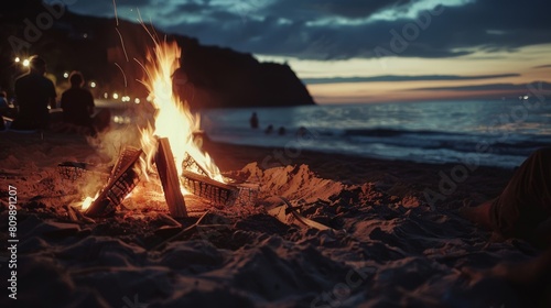 A bonfire blazing on the beach at night, casting a warm glow as friends gather around, sharing stories and laughter.