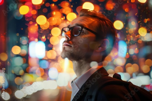 young successful businessman traveling to office blurred city lights background