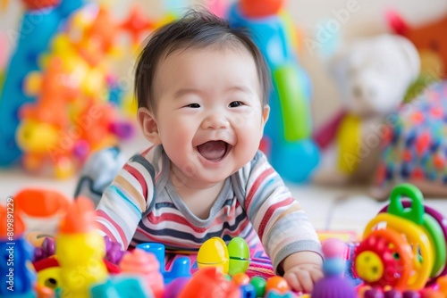 A baby giggling while playing with colorful sensory toys