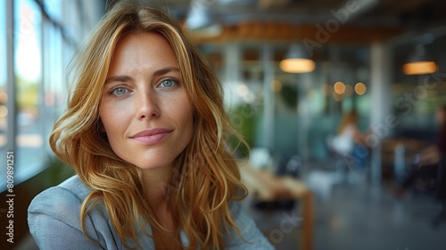 Businesswoman, her soft gaze and gentle smile set against the bustling backdrop of a cafe