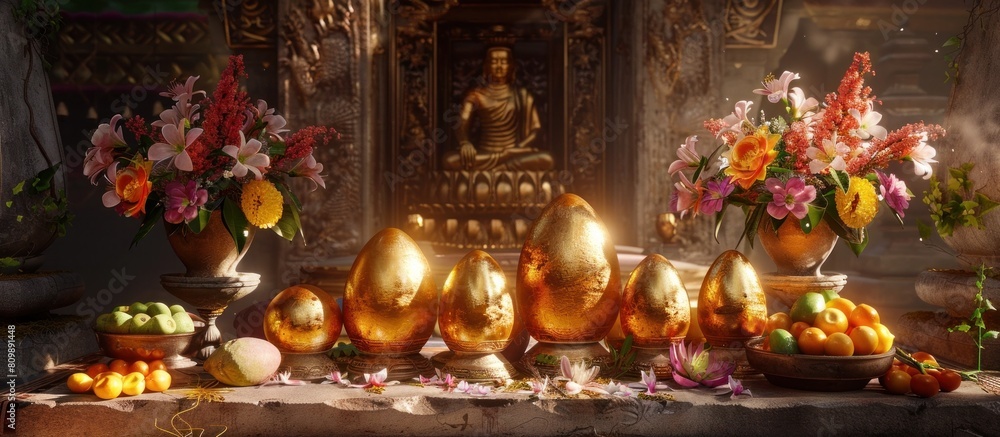 Golden Ceremonial Display of Eggs and Offerings in a Sacred Buddhist Temple Setting