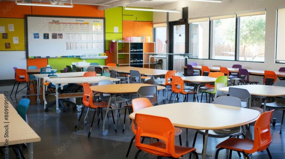 A classroom is filled with numerous tables and chairs arranged in orderly rows, creating a functional and practical learning environment. A classroom is filled with numerous tables and chairs arranged in orderly rows, creating a functional and practical learning environment.