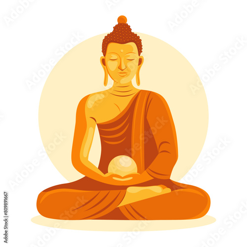 Buddha in a meditation pose. Gold or bronze buddha figure. Buddha Shakyamuni, Siddhartha Gautama. Buddha purnima, vesak day. Vector illustration isolated on white background.