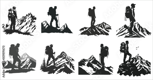 Silhouettes of hiking icon, Hiking silhouette set, Silhouettes of climbers , Hiking silhouette set isolated on white background, Hiker silhouette illustration, Mountain, Hill, Hiking, Travel, Nature