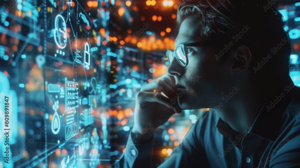 A businessman analyzing a holographic projection of a complex business graph, exploring different scenarios for strategic planning. A businessman analyzing a holographic projection of a complex business graph, exploring different scenarios for strategic planning.