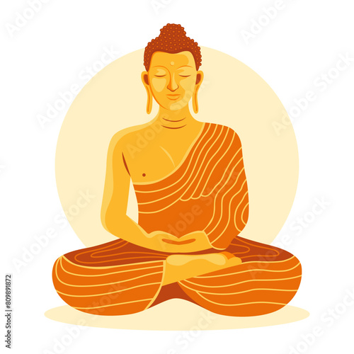 Buddha in a meditation pose. Gold or bronze buddha figure. Buddha Shakyamuni, Siddhartha Gautama. Buddha sitting in lotus position. Vector illustration isolated on white background. 