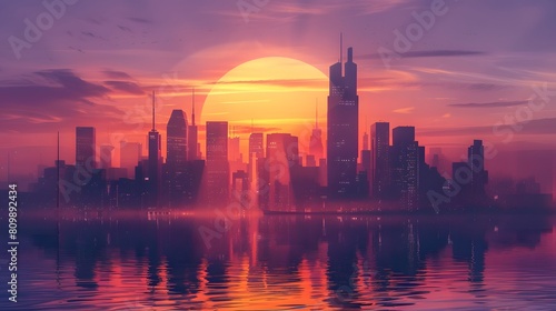 A futuristic, abstract city skyline silhouetted against an orange and purple sunset in 8K © Love Mohammad