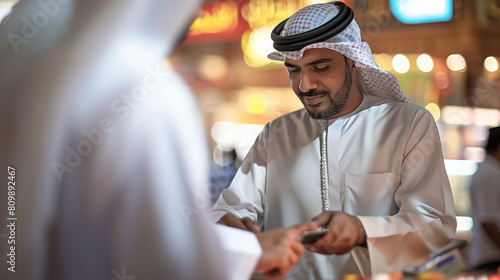 Arab man paying with card and POS portable machine. Middle Eastern locals doing business deals or purchasing concept photo