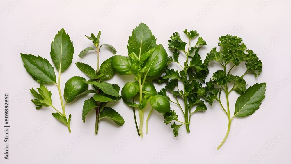 Herb garden leaves like basil, mint, and parsley presented in a culinary-inspired arrangement Herb garden leaves like basil, mint, and parsley presented in a culinary-inspired arrangement