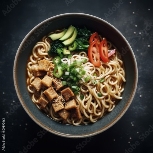 Tasty bowl of noodles with delicious toppings