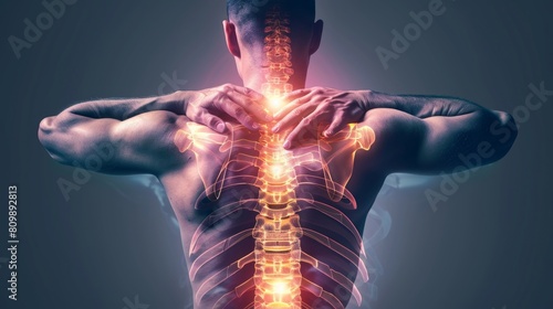 Spinal health visualization. Man experiencing back pain with glowing depiction of spine, emphasizing complex structure and vulnerability of spinal region to injuries and strain. © master1305