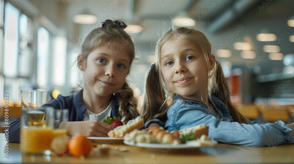 Two cute ten years old girls sitting at the table in school cafeteria. Young students having food during lunch break in dining hall. copy space for text. Two cute ten years old girls sitting at the table in school cafeteria. Young students having food during lunch break in dining hall. copy space for text.
