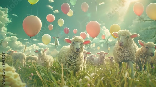 Quaint lambs assemble in a lush green meadow, surrounded by floating balloons, marking the joyous occasion of Bakra Eid photo