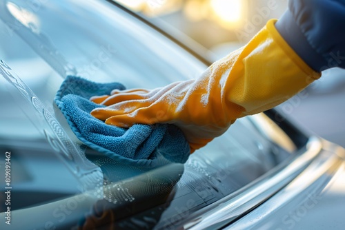 Person wiping and polishing car windshield with a microfiber cloth, soft natural light from a window