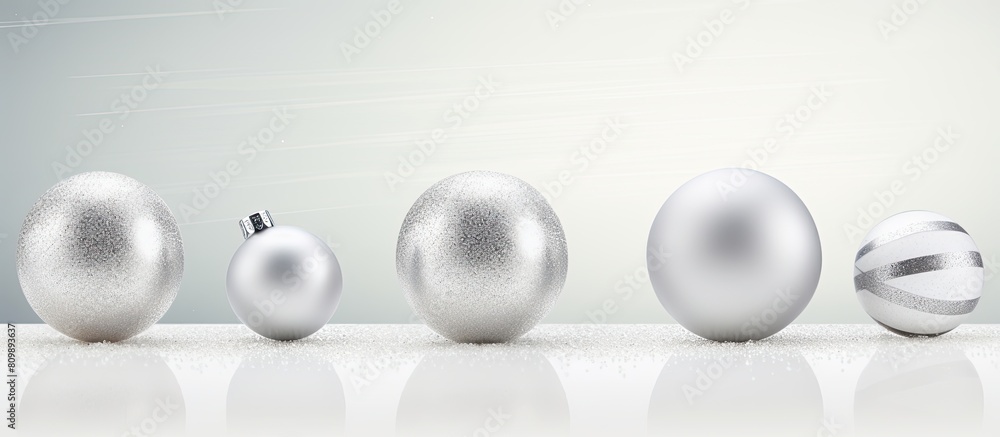 A copy space image of three silver Christmas balls with glitter stripes placed on a white table against a light gray wall