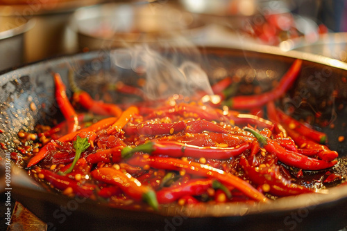 Fiery skillet of arrabbiata sauce chili peppers visible 