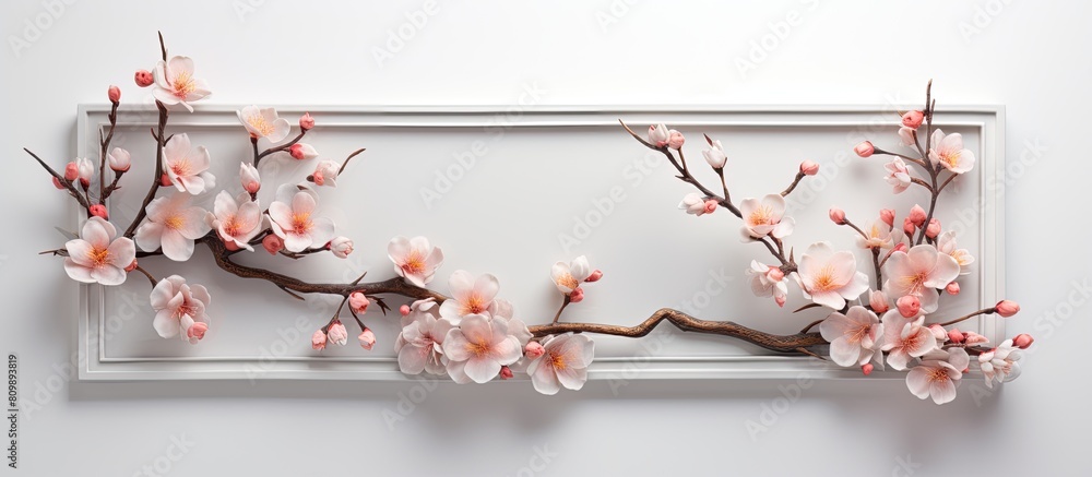 A pink branch with blooming petals is arranged in a flower composition surrounded by a wooden white frame against a gray background Copy space image 112 characters