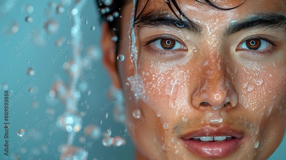 Young man surrounded by clear water droplets, capturing the refreshing essence of water on skin Young man surrounded by clear water droplets, capturing the refreshing essence of water on skin