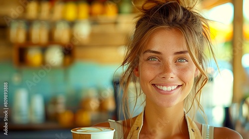 Beautiful smiling girl with a glass of coffee photo