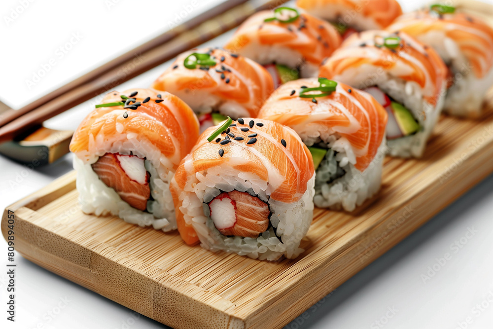 Sushi rolls with salmon, avocado and rice on wooden board isolated on white background Sushi rolls with salmon, avocado and rice on wooden board isolated on white background