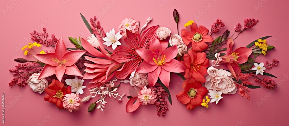 A floral arrangement with red Flam boyant flowers on a pink backdrop creating a pattern The image has copy space and represents the concepts of Easter spring and summer The view is from above in a fl