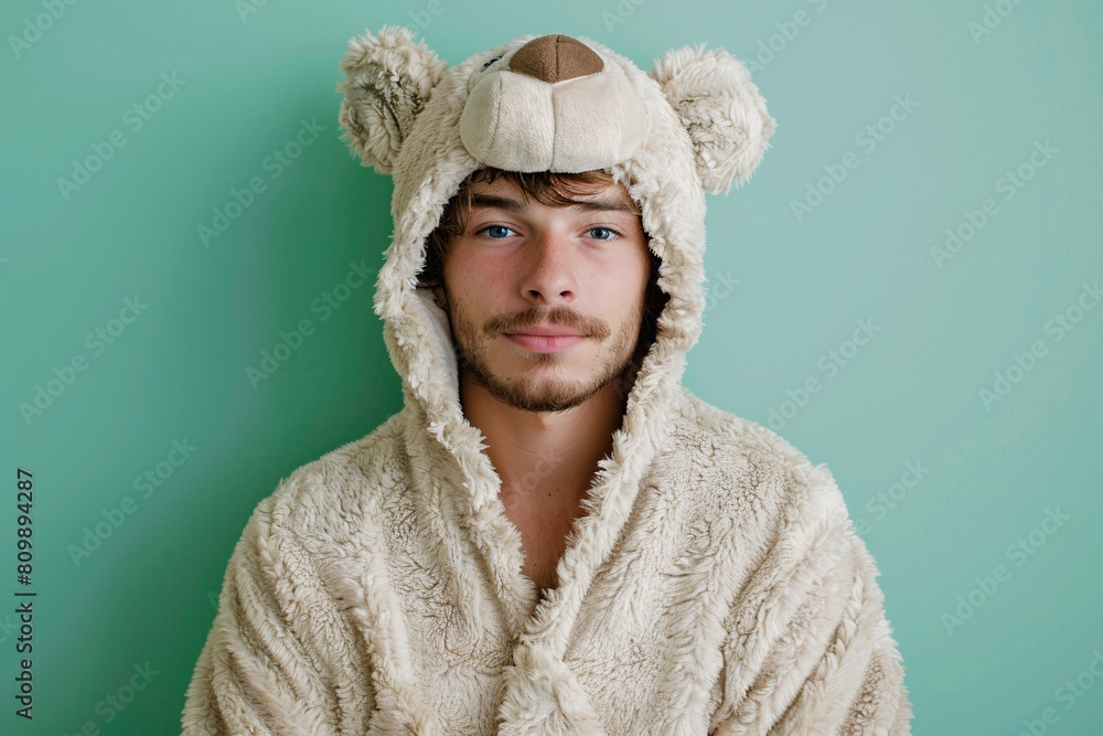 Guy in teddy bear outfit with mint green background
