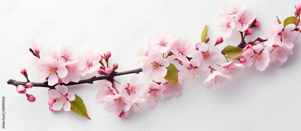 Flat lay image of a cherry tree branch adorned with exquisite pink blossoms set against a light background Ideal for adding text. Creative banner. Copyspace image Flat lay image of a cherry tree branch adorned with exquisite pink blossoms set against a light background Ideal for adding text. Creative banner. Copyspace image