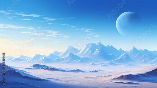 Blue and white moon and snowy mountains illustration poster background