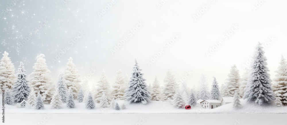 Fototapeta premium Festive card with a Christmas background featuring fir tree decorations on a white wooden background offering copy space for creative use