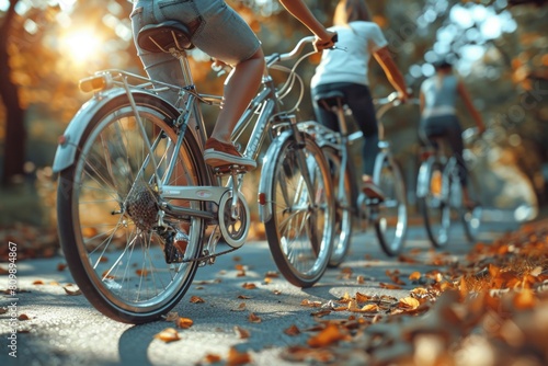 A vibrant autumn scene showcasing three individuals riding bicycles along a tree-lined path covered with fallen leaves. The sunlight casts warm tones across the scene.