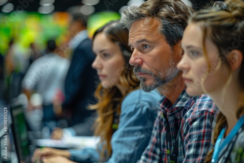 Two professionals at a conference, a man and a woman, concentrating intently on the discussion, highlighting their involvement and commitment to the subject at hand.