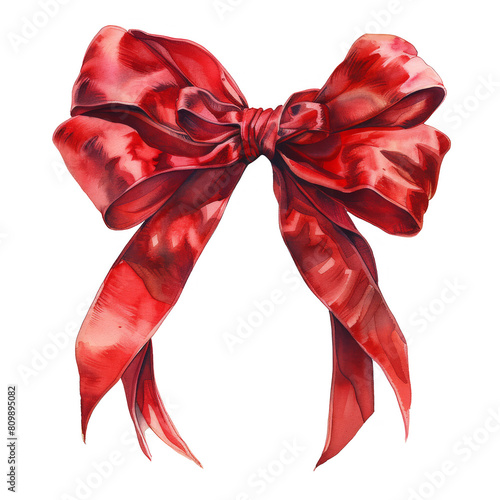 Red silk bow, tied in a perfect knot, with long flowing tails.