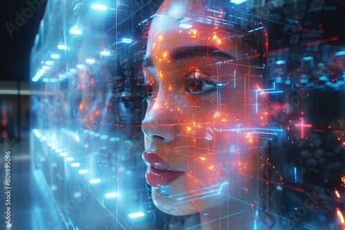 A futuristic portrayal of a woman with a complex digital interface projected onto her face  suggesting advanced technology and data analysis.