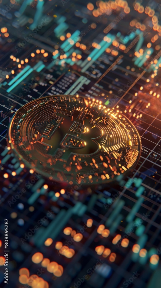 Graphic visualization of Bitcoin price trends. Cryptocurrency Symbol Integrated into Microcircuit Abstract Background. Graphic visualization of Bitcoin price trends. Cryptocurrency Symbol Integrated into Microcircuit Abstract Background.