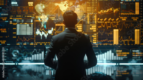A confident businessman in a suit standing in front of a large digital trading board displaying charts  graphs  and real-time data stocks