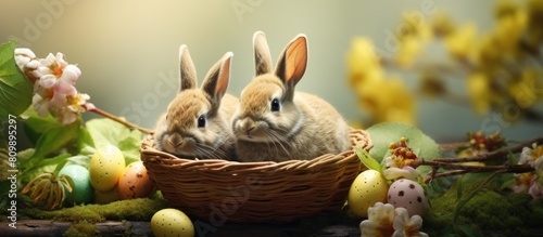 A charming Easter scene with a small basket containing delicate mother of pearl eggs Two adorable rabbits are nestled beside the eggs. Creative banner. Copyspace image photo