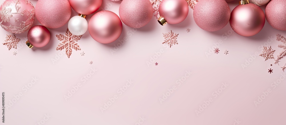 A festive arrangement with pink Christmas ornaments wooden snowflakes and glitter on a soft pink backdrop Perfect for Christmas winter or New Year celebrations Displayed from a top down perspective w A festive arrangement with pink Christmas ornaments wooden snowflakes and glitter on a soft pink backdrop Perfect for Christmas winter or New Year celebrations Displayed from a top down perspective w