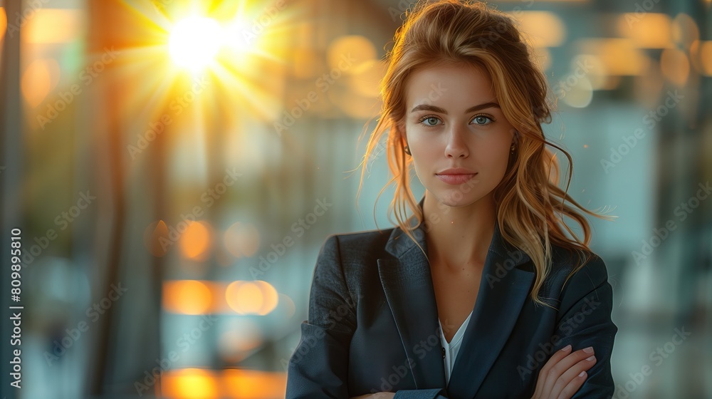 Obraz premium Business woman standing with arms crossed There's sunlight behind.