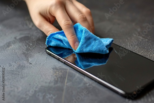 Close-up of hand using microfiber cloth to clean smartphone screen © Maelgoa