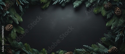 Obraz  z motywem The image features a top view of Christmas fir tree branches creating a frame against a slate background with ample copy space