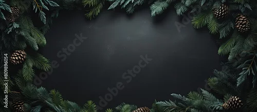 Panel kuchenny z motywem The image features a top view of Christmas fir tree branches creating a frame against a slate background with ample copy space