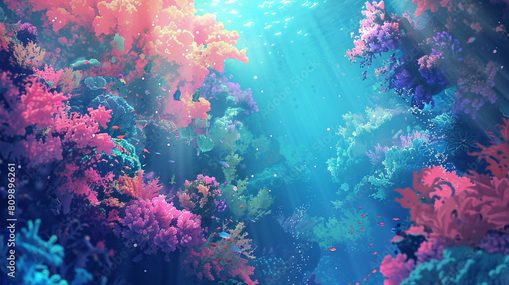 A colorful underwater scene with a variety of fish and coral. Cartoon style. A colorful underwater scene with a variety of fish and coral. Cartoon style.
